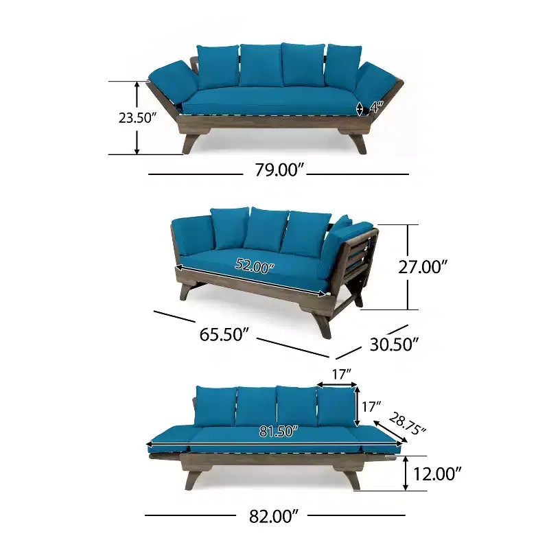 Banquette-lit extensible 82 en bois d'acacia d'extérieur avec coussins