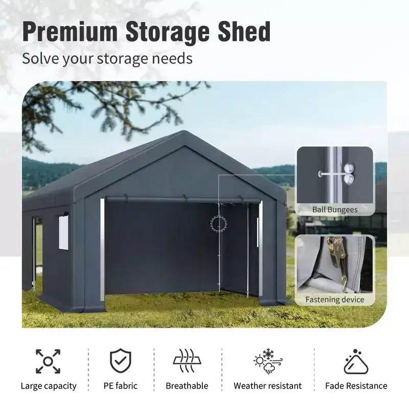 Abri de Rangement Portable d'Extérieur - Choisissez Entre Deux Tentes de Garage Spacieuses avec Portes Zippées Enroulables