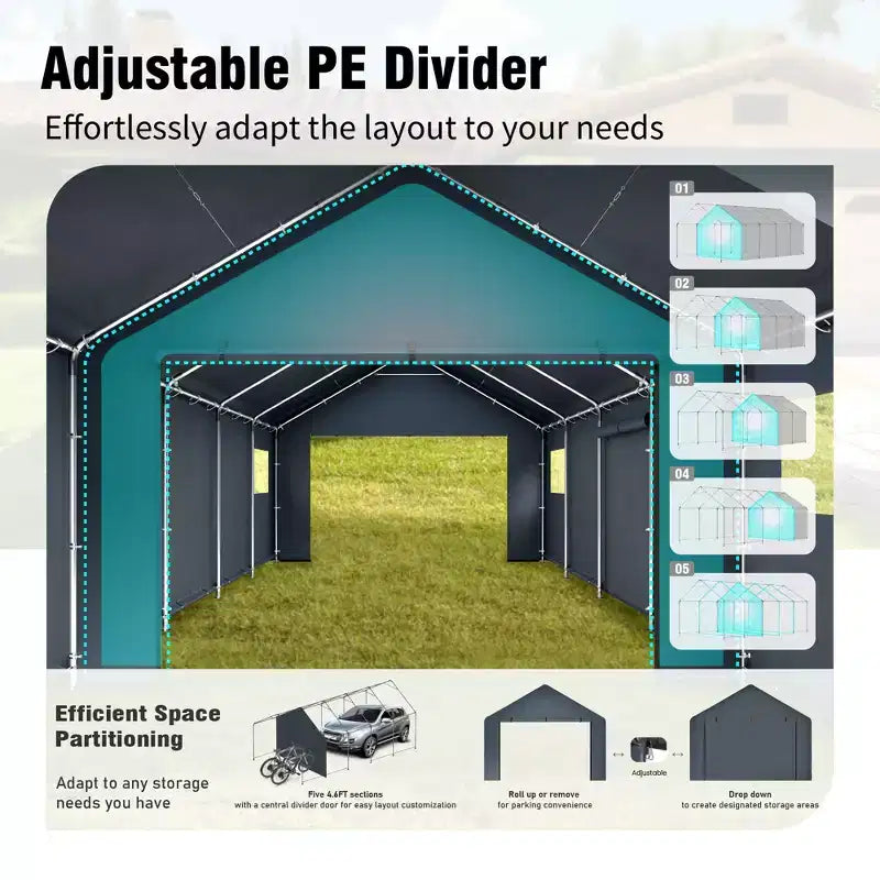 Abri de Rangement Portable d'Extérieur - Choisissez Entre Deux Tentes de Garage Spacieuses avec Portes Zippées Enroulables