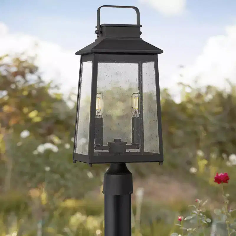 1/4 Lampadaire d'extérieur moderne haut de poteau de porche extérieur de maison 2 lumières métal noir étanche abat-jour en verre transparent