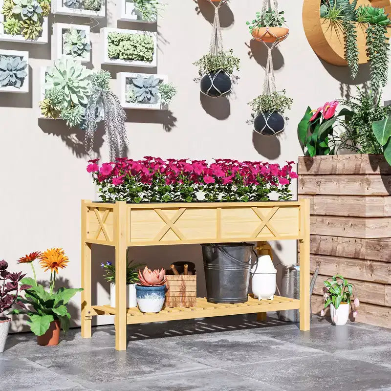 Jardinière surélevée en bois, 120 x 56 x 80 cm, avec étagère de rangement, trous de drainage et doublure