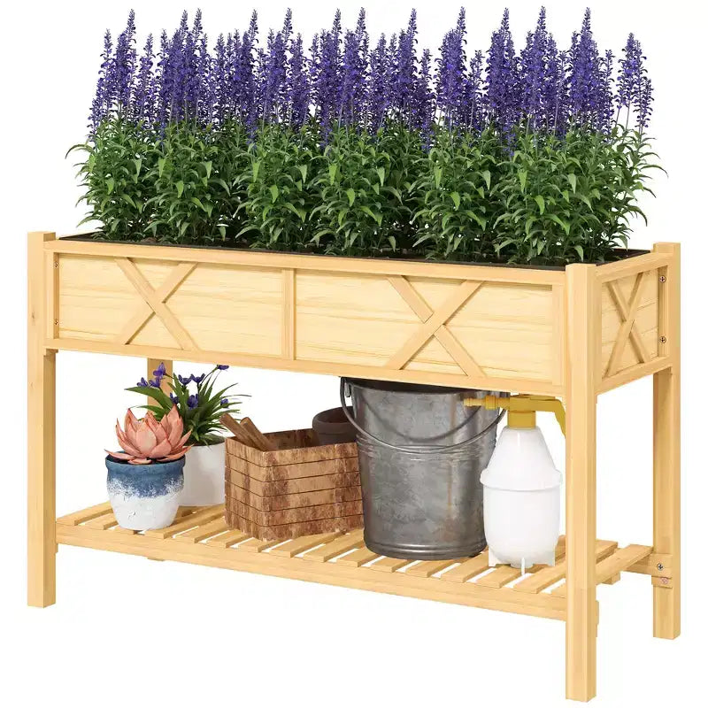 Jardinière surélevée en bois, 120 x 56 x 80 cm, avec étagère de rangement, trous de drainage et doublure