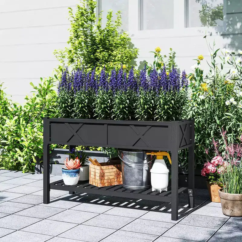 Jardinière surélevée en bois, 120 x 56 x 80 cm, avec étagère de rangement, trous de drainage et doublure