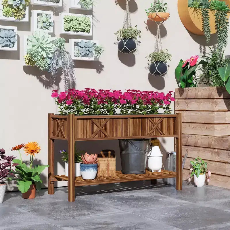 Jardinière surélevée en bois, 120 x 56 x 80 cm, avec étagère de rangement, trous de drainage et doublure