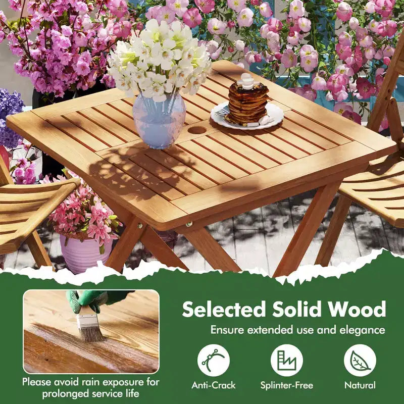 1/2 PIÈCES Table de jardin 75 x 75 cm avec peinture aspect teck et 2 trous pour parasol pour balcon