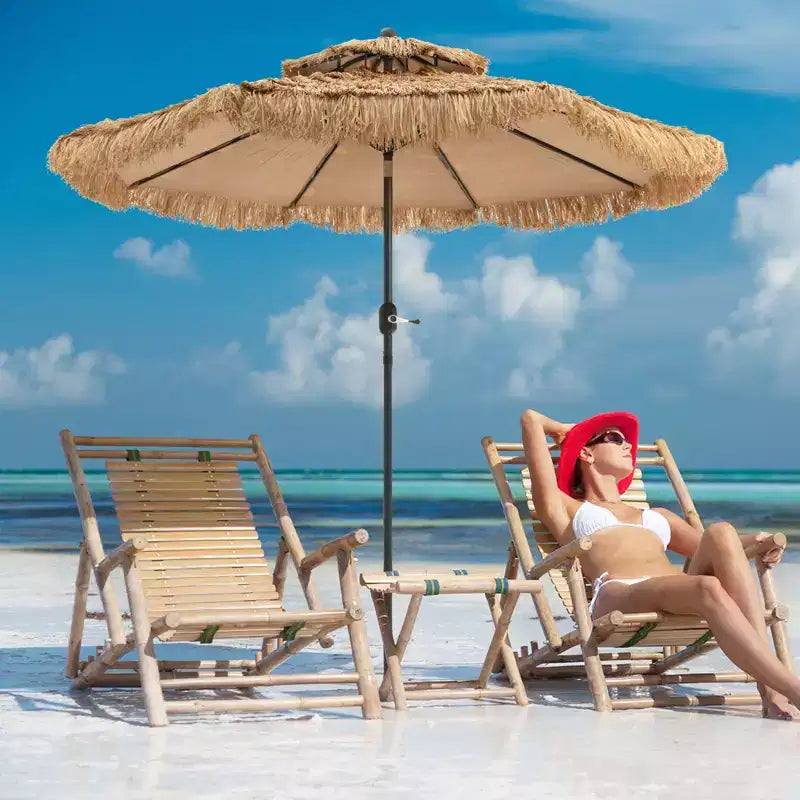 Parasol de terrasse Tiki 2,7 m à double toit, style Hawaï, avec mécanisme d'inclinaison et manivelle, endothermique à 9 couches de paille, 8 nervures en acier robuste