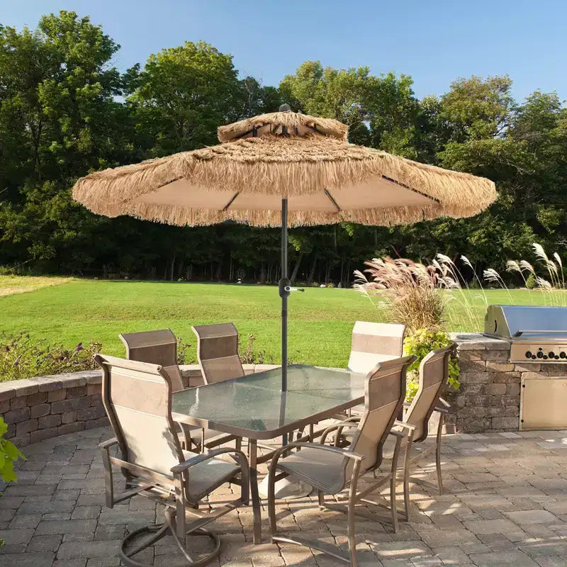 Parasol de terrasse Tiki 2,7 m à double toit, style Hawaï, avec mécanisme d'inclinaison et manivelle, endothermique à 9 couches de paille, 8 nervures en acier robuste