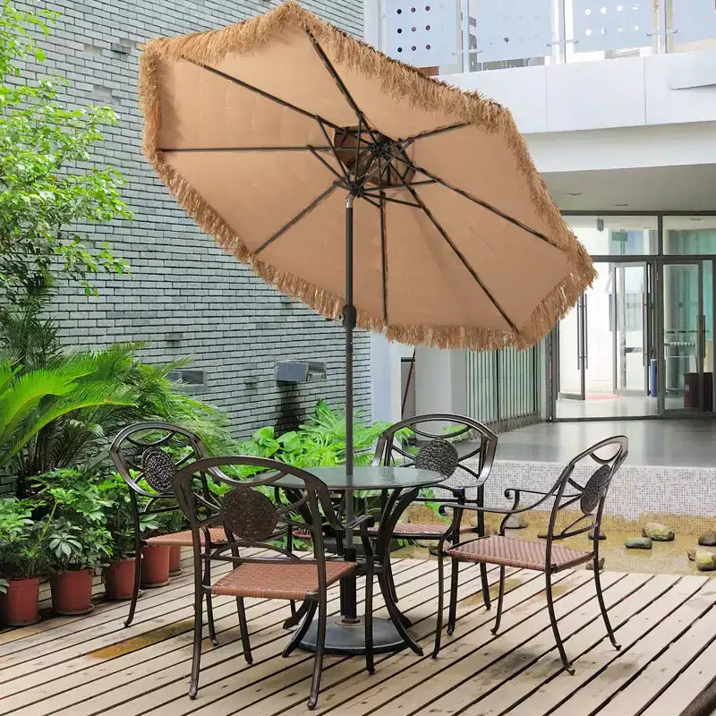 Parasol de terrasse Tiki 2,7 m à double toit, style Hawaï, avec mécanisme d'inclinaison et manivelle, endothermique à 9 couches de paille, 8 nervures en acier robuste