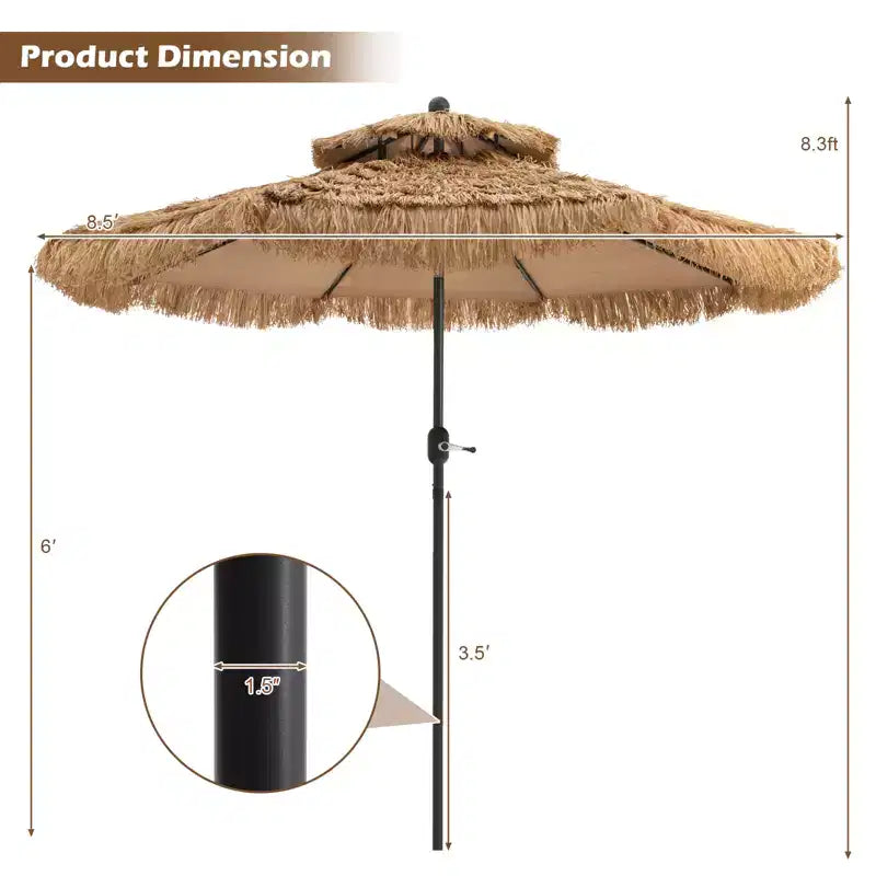 Parasol de terrasse Tiki 2,7 m à double toit, style Hawaï, avec mécanisme d'inclinaison et manivelle, endothermique à 9 couches de paille, 8 nervures en acier robuste
