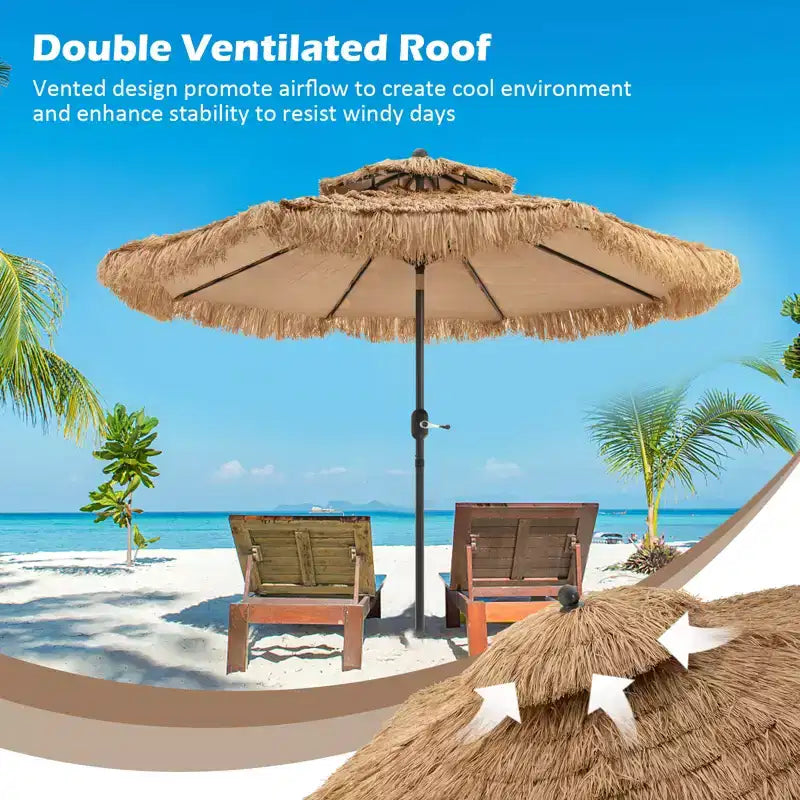 Parasol de terrasse Tiki 2,7 m à double toit, style Hawaï, avec mécanisme d'inclinaison et manivelle, endothermique à 9 couches de paille, 8 nervures en acier robuste