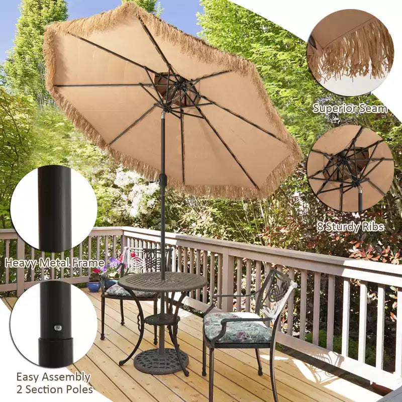 Parasol de terrasse Tiki 2,7 m à double toit, style Hawaï, avec mécanisme d'inclinaison et manivelle, endothermique à 9 couches de paille, 8 nervures en acier robuste