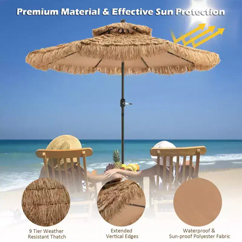 Parasol de terrasse Tiki 2,7 m à double toit, style Hawaï, avec mécanisme d'inclinaison et manivelle, endothermique à 9 couches de paille, 8 nervures en acier robuste