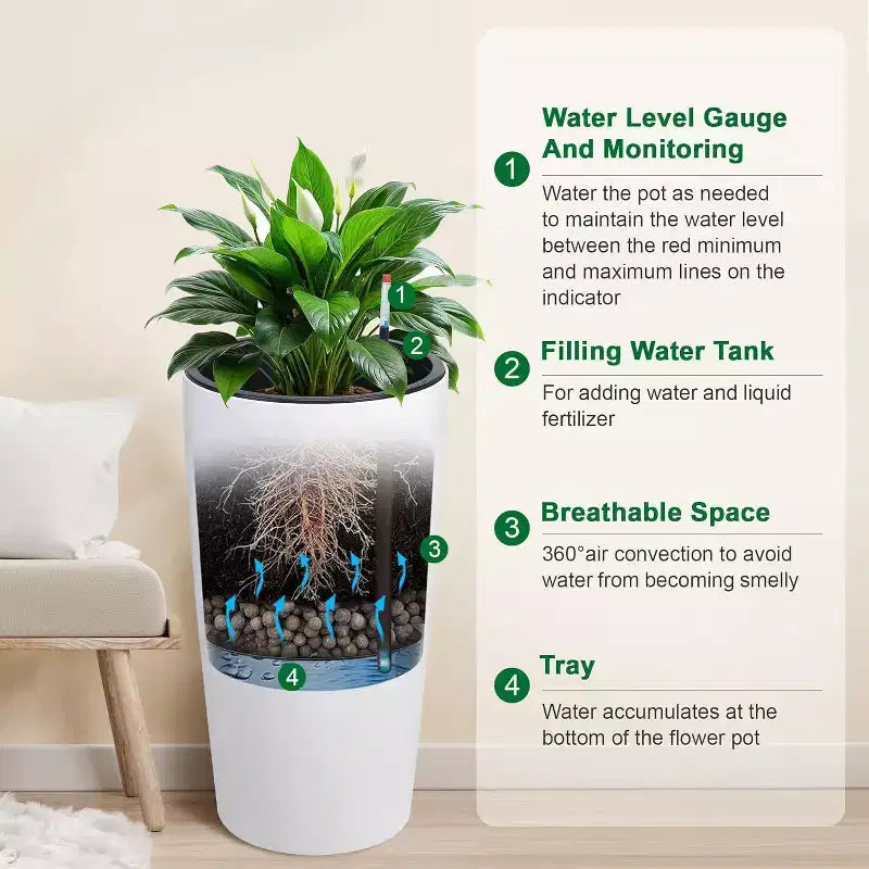 Jardinières de 76 cm de haut, à arrosage automatique avec trous de drainage, indicateur de niveau d'eau et seau intérieur, pour patio, balcon, salon