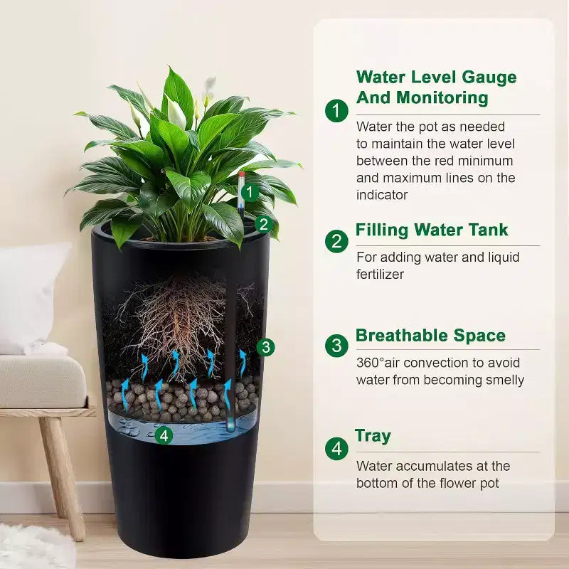 Jardinières de 76 cm de haut, à arrosage automatique avec trous de drainage, indicateur de niveau d'eau et seau intérieur, pour patio, balcon, salon