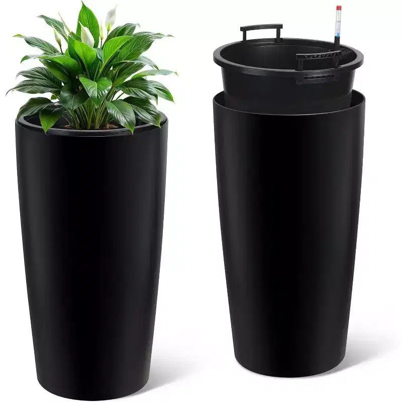 30 Inch Tall Plant Pots Set of 2, Self Watering Pots with Drain Holes, Water Level Monitor & Inner Bucket, Planters for Patio, Balcony, Living Room