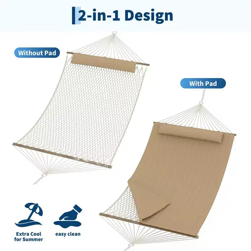 Hamac d'extérieur 2 personnes avec corde en coton, hamac avec coussin en polyester, hamac 2-en-1 pour patio, jardin, cour