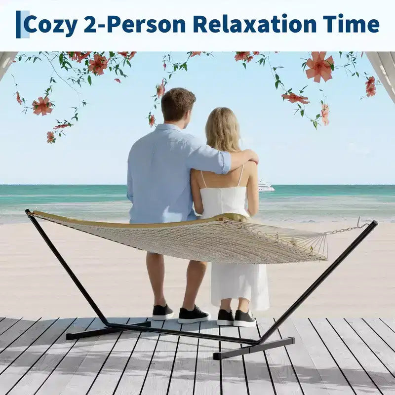 Hamac d'extérieur 2 personnes avec corde en coton, hamac avec coussin en polyester, hamac 2-en-1 pour patio, jardin, cour