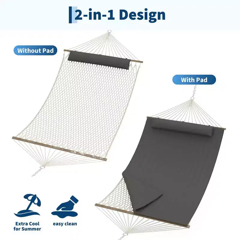 Hamac d'extérieur 2 personnes avec corde en coton, hamac avec coussin en polyester, hamac 2-en-1 pour patio, jardin, cour
