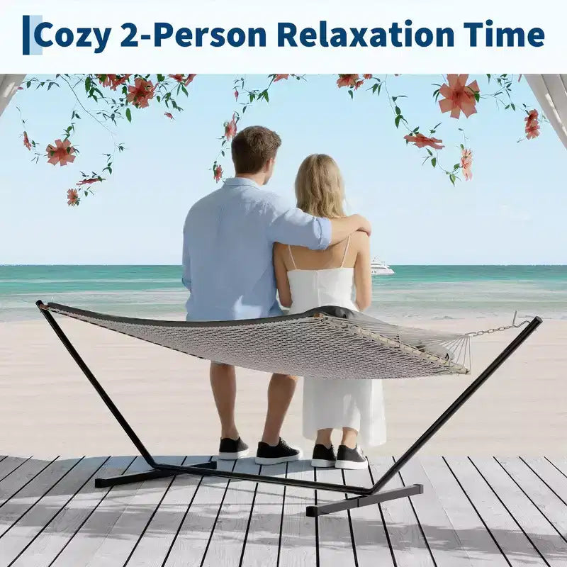Hamac d'extérieur 2 personnes avec corde en coton, hamac avec coussin en polyester, hamac 2-en-1 pour patio, jardin, cour