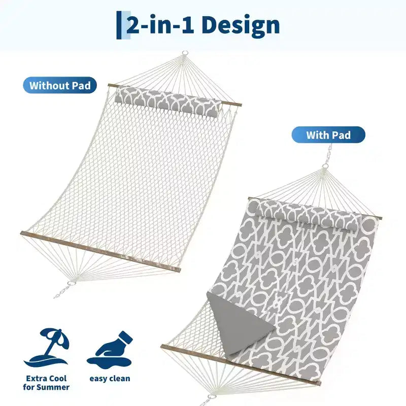 Hamac d'extérieur 2 personnes avec corde en coton, hamac avec coussin en polyester, hamac 2-en-1 pour patio, jardin, cour