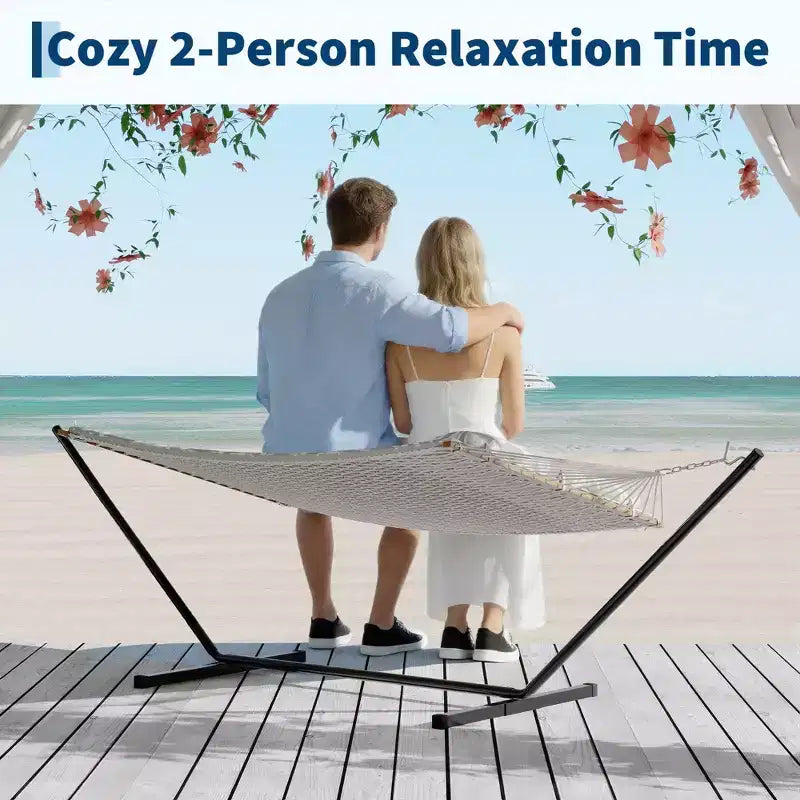 Hamac d'extérieur 2 personnes avec corde en coton, hamac avec coussin en polyester, hamac 2-en-1 pour patio, jardin, cour