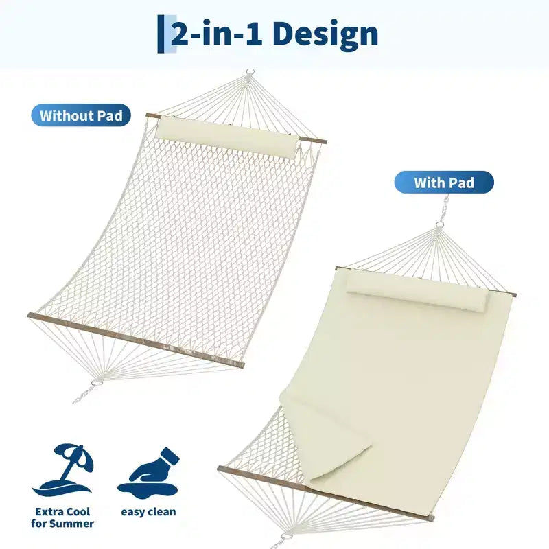 Hamac d'extérieur 2 personnes avec corde en coton, hamac avec coussin en polyester, hamac 2-en-1 pour patio, jardin, cour
