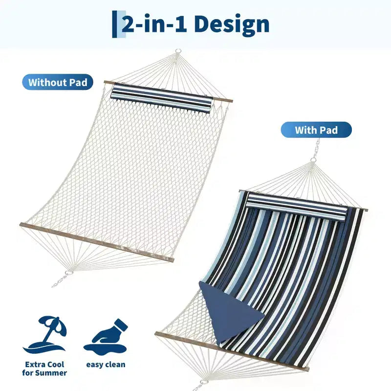 Hamac d'extérieur 2 personnes avec corde en coton, hamac avec coussin en polyester, hamac 2-en-1 pour patio, jardin, cour