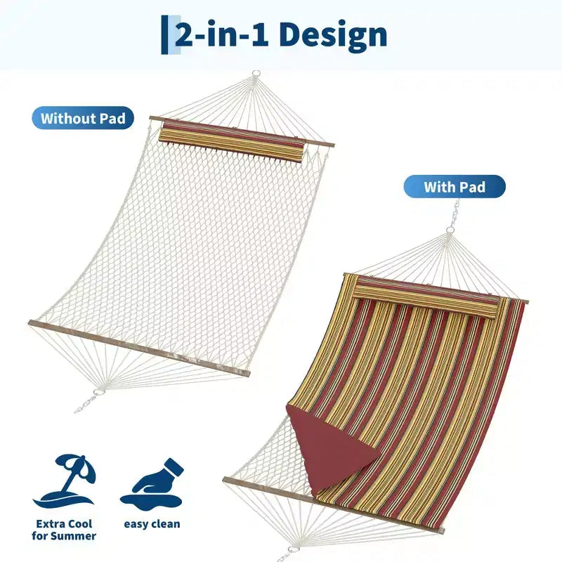 Hamac d'extérieur 2 personnes avec corde en coton, hamac avec coussin en polyester, hamac 2-en-1 pour patio, jardin, cour