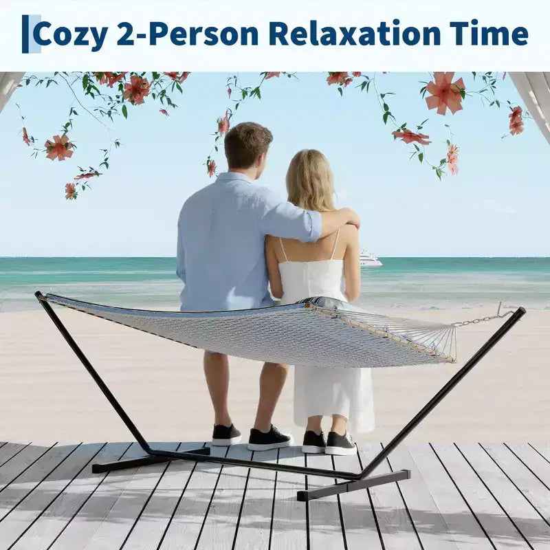Hamac d'extérieur 2 personnes avec corde en coton, hamac avec coussin en polyester, hamac 2-en-1 pour patio, jardin, cour