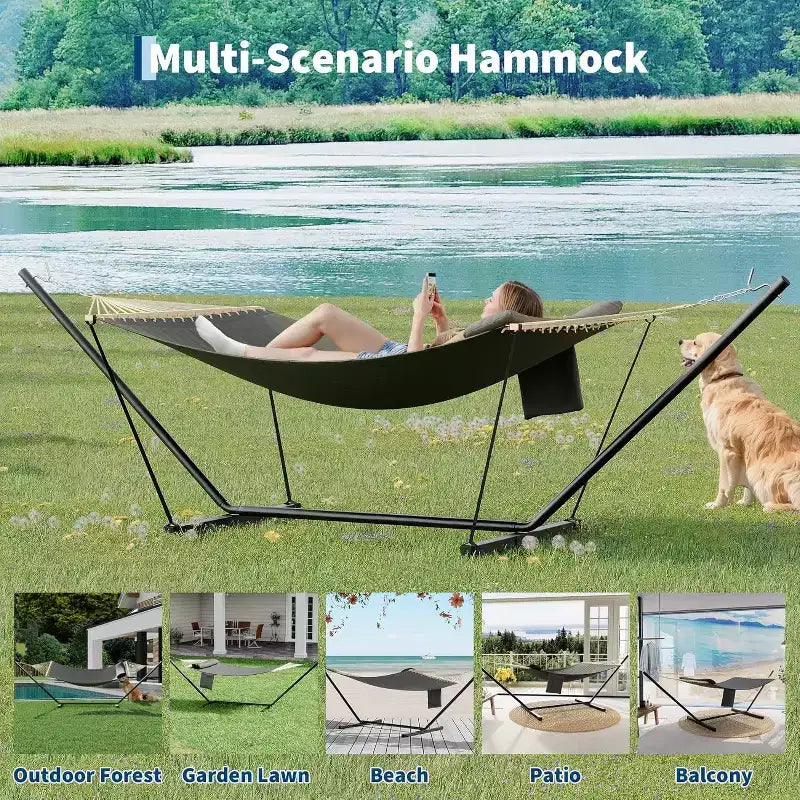 Hamac Double avec Support et Oreiller - Capacité de 204 kg Hamac Robuste, Grand Hamac d'Extérieur pour Patio, Jardin, Bord de Piscine