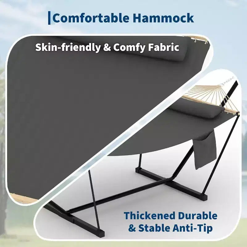 Hamac Double avec Support et Oreiller - Capacité de 204 kg Hamac Robuste, Grand Hamac d'Extérieur pour Patio, Jardin, Bord de Piscine