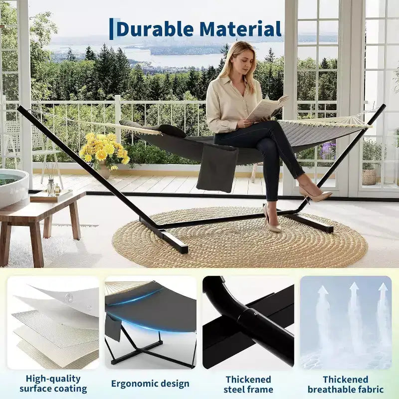 Hamac Double avec Support et Oreiller - Capacité de 204 kg Hamac Robuste, Grand Hamac d'Extérieur pour Patio, Jardin, Bord de Piscine
