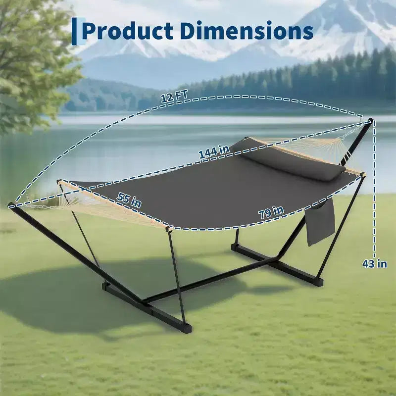 Hamac Double avec Support et Oreiller - Capacité de 204 kg Hamac Robuste, Grand Hamac d'Extérieur pour Patio, Jardin, Bord de Piscine