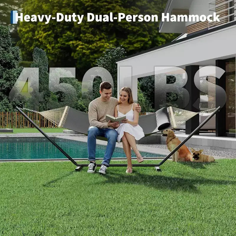 Hamac Double avec Support et Oreiller - Capacité de 204 kg Hamac Robuste, Grand Hamac d'Extérieur pour Patio, Jardin, Bord de Piscine