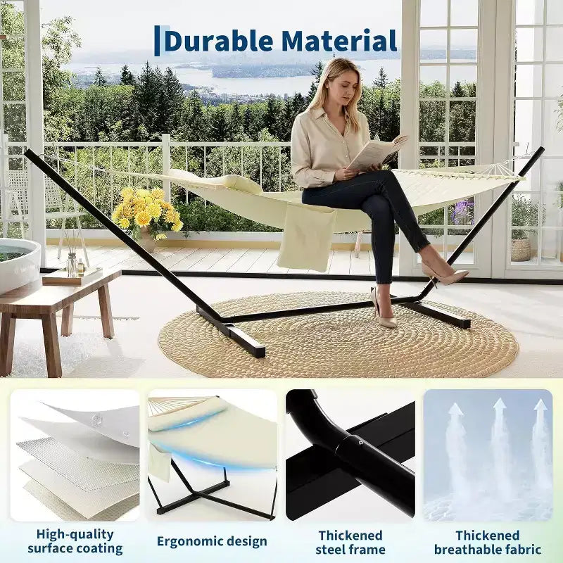 Hamac Double avec Support et Oreiller - Capacité de 204 kg Hamac Robuste, Grand Hamac d'Extérieur pour Patio, Jardin, Bord de Piscine