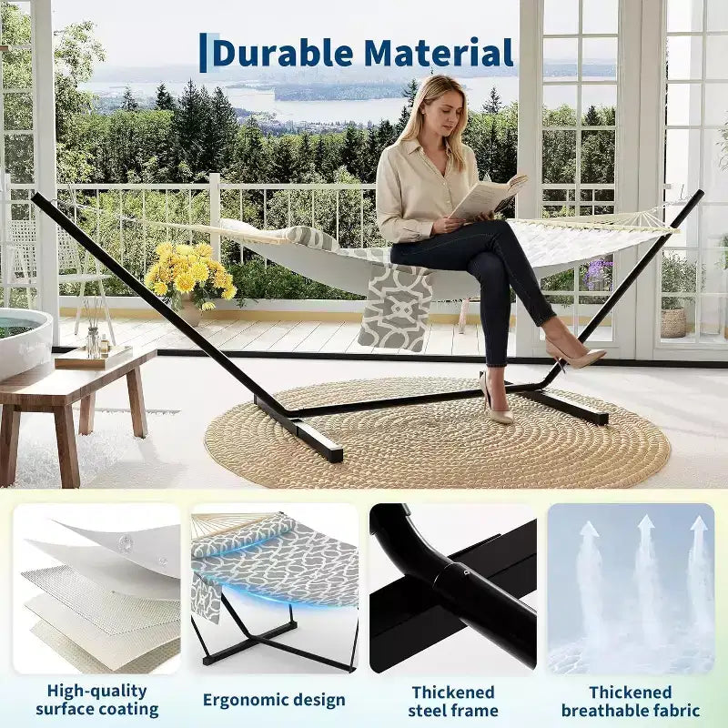 Hamac Double avec Support et Oreiller - Capacité de 204 kg Hamac Robuste, Grand Hamac d'Extérieur pour Patio, Jardin, Bord de Piscine