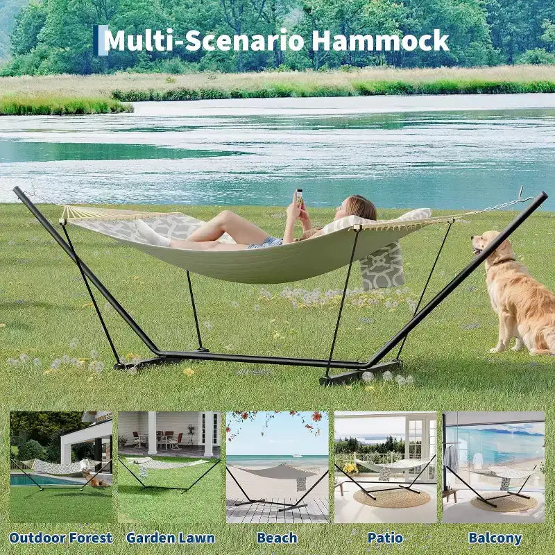 Hamac Double avec Support et Oreiller - Capacité de 204 kg Hamac Robuste, Grand Hamac d'Extérieur pour Patio, Jardin, Bord de Piscine