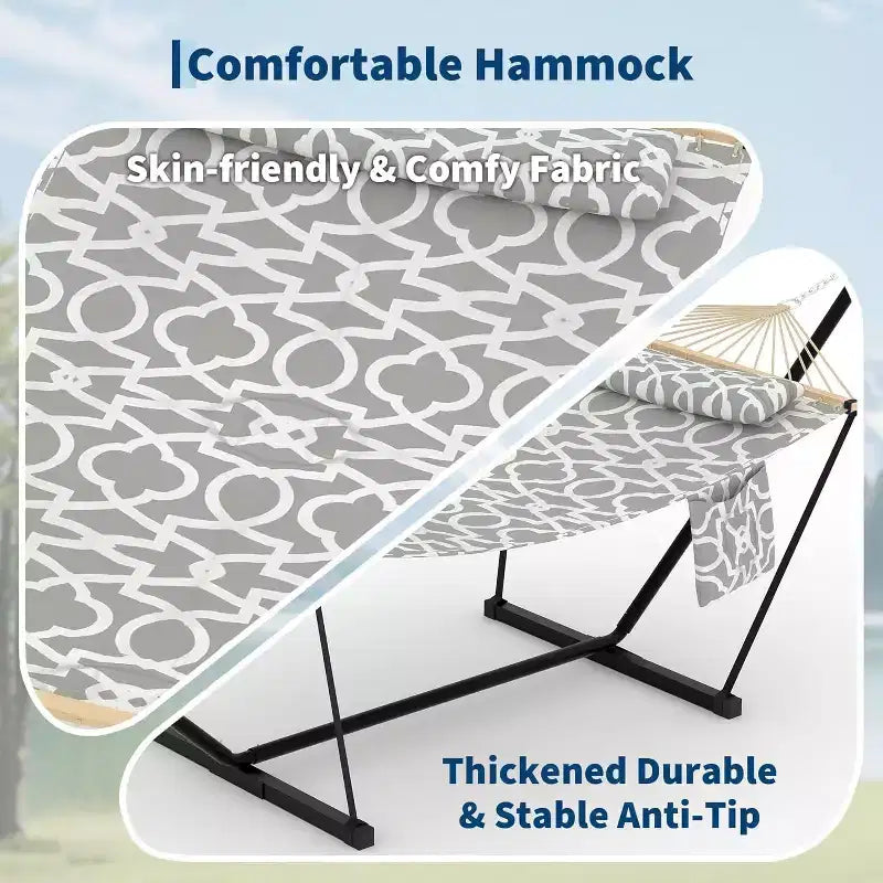 Hamac Double avec Support et Oreiller - Capacité de 204 kg Hamac Robuste, Grand Hamac d'Extérieur pour Patio, Jardin, Bord de Piscine