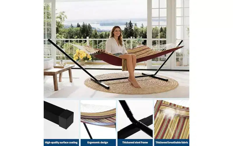 Hamac Double avec Support et Oreiller - Capacité de 204 kg Hamac Robuste, Grand Hamac d'Extérieur pour Patio, Jardin, Bord de Piscine