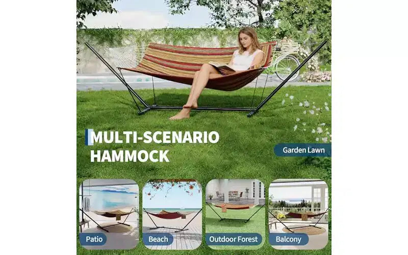 Hamac Double avec Support et Oreiller - Capacité de 204 kg Hamac Robuste, Grand Hamac d'Extérieur pour Patio, Jardin, Bord de Piscine