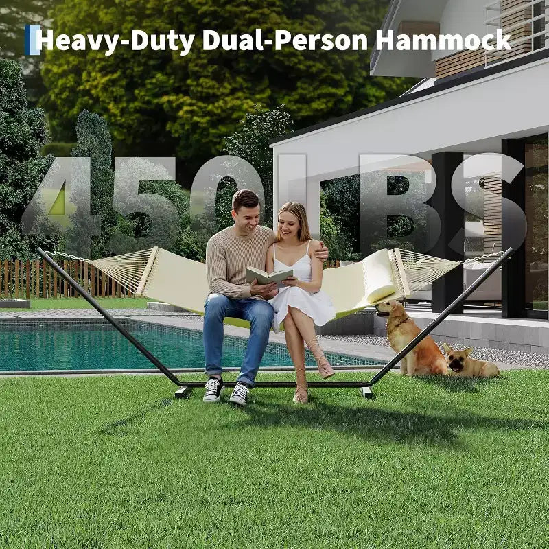 Hamac Double avec Support et Oreiller - Capacité de 204 kg Hamac Robuste, Grand Hamac d'Extérieur pour Patio, Jardin, Bord de Piscine