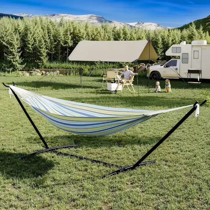 Hamac Double avec Support et Oreiller - Capacité de 204 kg Hamac Robuste, Grand Hamac d'Extérieur pour Patio, Jardin, Bord de Piscine