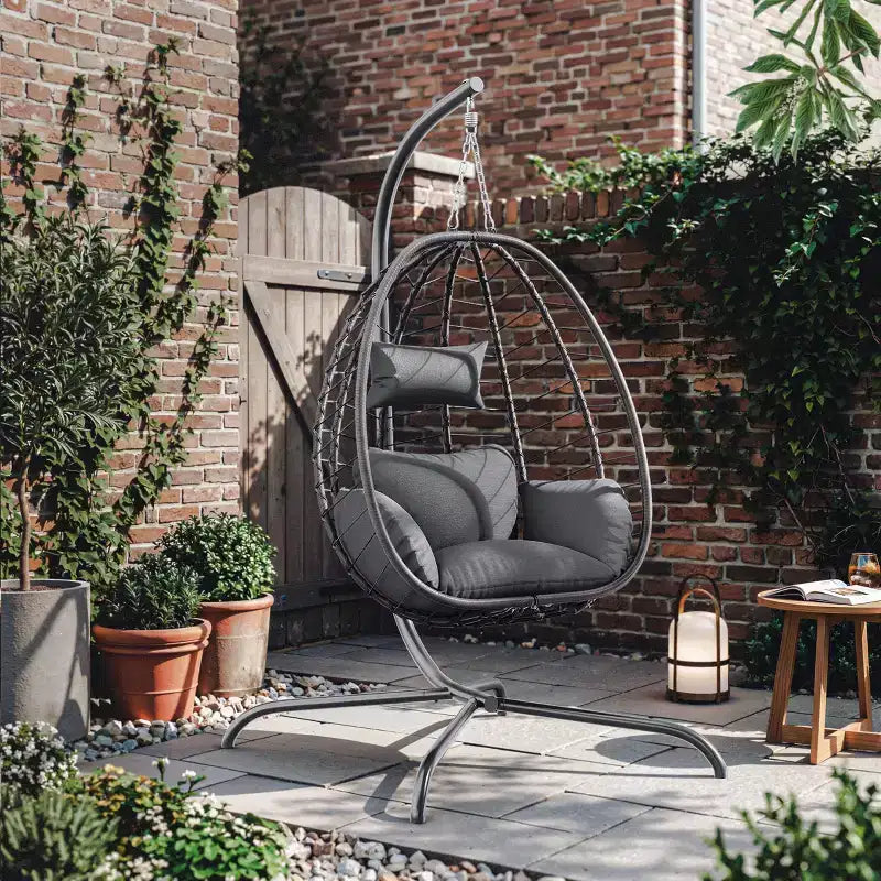 Chaise suspendue œuf d'intérieur/extérieur en rotin avec support métallique, balançoire hamac avec appuie-tête rembourré, capacité de 220 kg