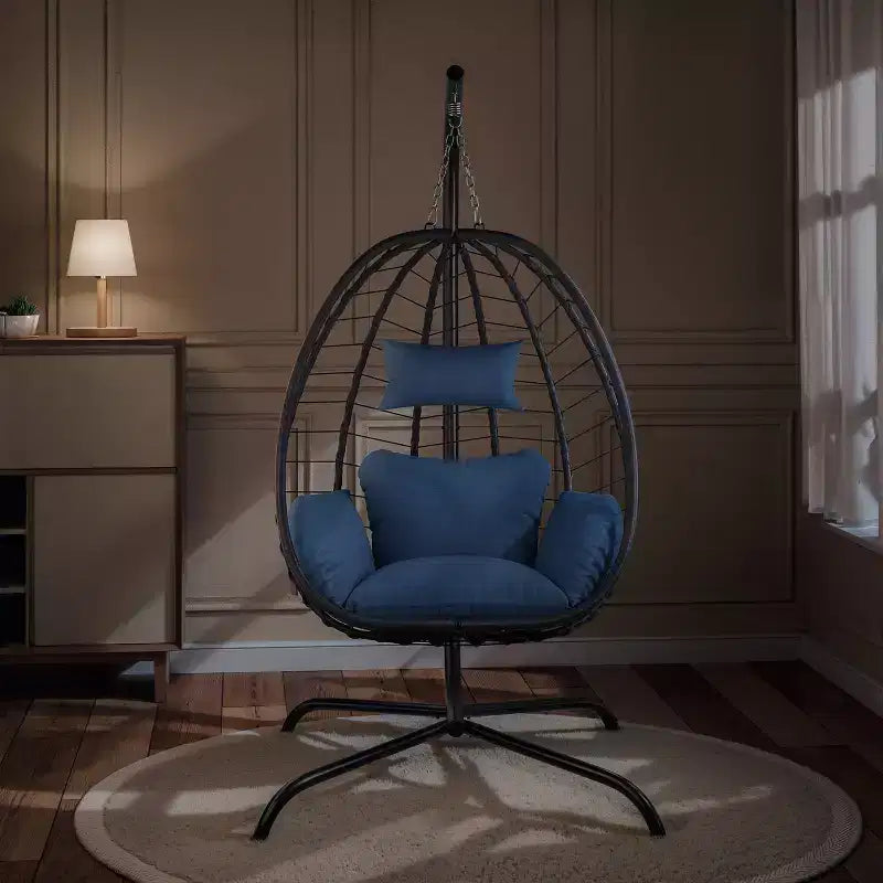 Chaise suspendue œuf d'intérieur/extérieur en rotin avec support métallique, balançoire hamac avec appuie-tête rembourré, capacité de 220 kg