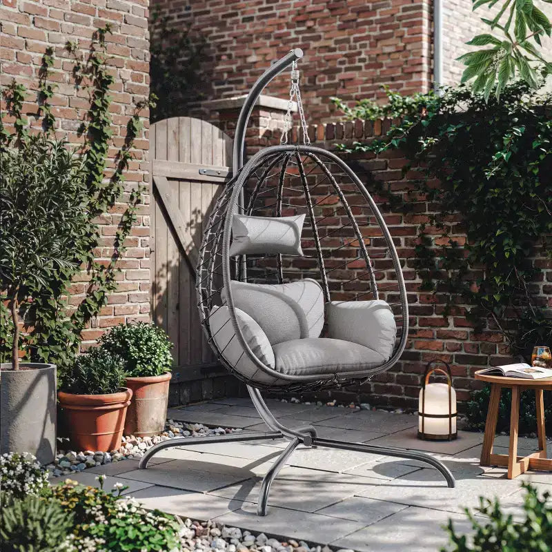 Chaise suspendue œuf d'intérieur/extérieur en rotin avec support métallique, balançoire hamac avec appuie-tête rembourré, capacité de 220 kg