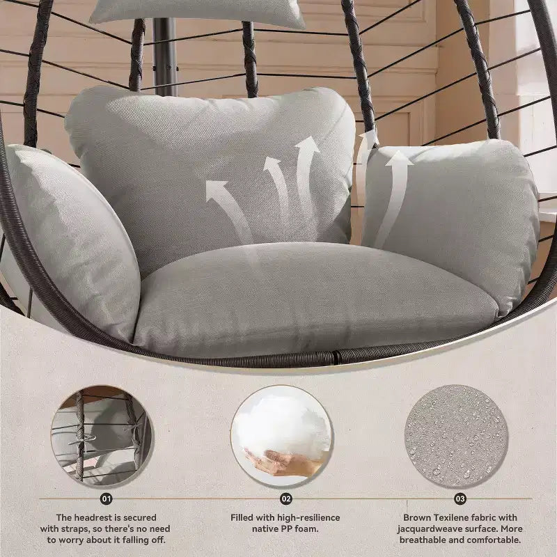 Chaise suspendue œuf d'intérieur/extérieur en rotin avec support métallique, balançoire hamac avec appuie-tête rembourré, capacité de 220 kg