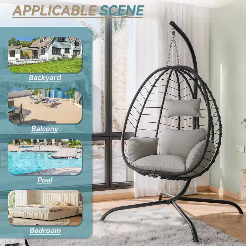 Chaise suspendue œuf d'intérieur/extérieur en rotin avec support métallique, balançoire hamac avec appuie-tête rembourré, capacité de 220 kg
