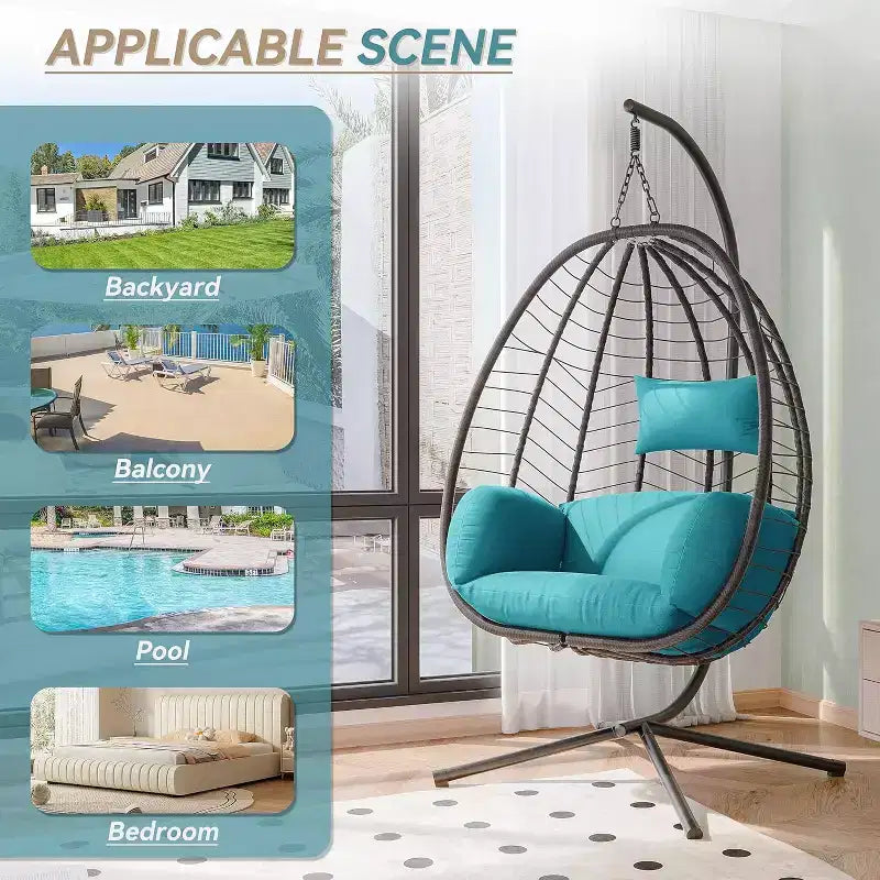 Chaise suspendue œuf d'intérieur/extérieur en rotin avec support métallique, balançoire hamac avec appuie-tête rembourré, capacité de 220 kg