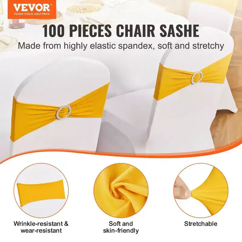 100 housses de chaise extensibles dorées/jaunes en spandex avec boucle ronde, bandes élastiques pour chaise de mariage/banquet/fête