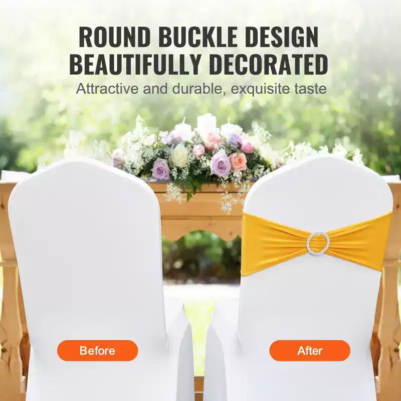 100 housses de chaise extensibles dorées/jaunes en spandex avec boucle ronde, bandes élastiques pour chaise de mariage/banquet/fête